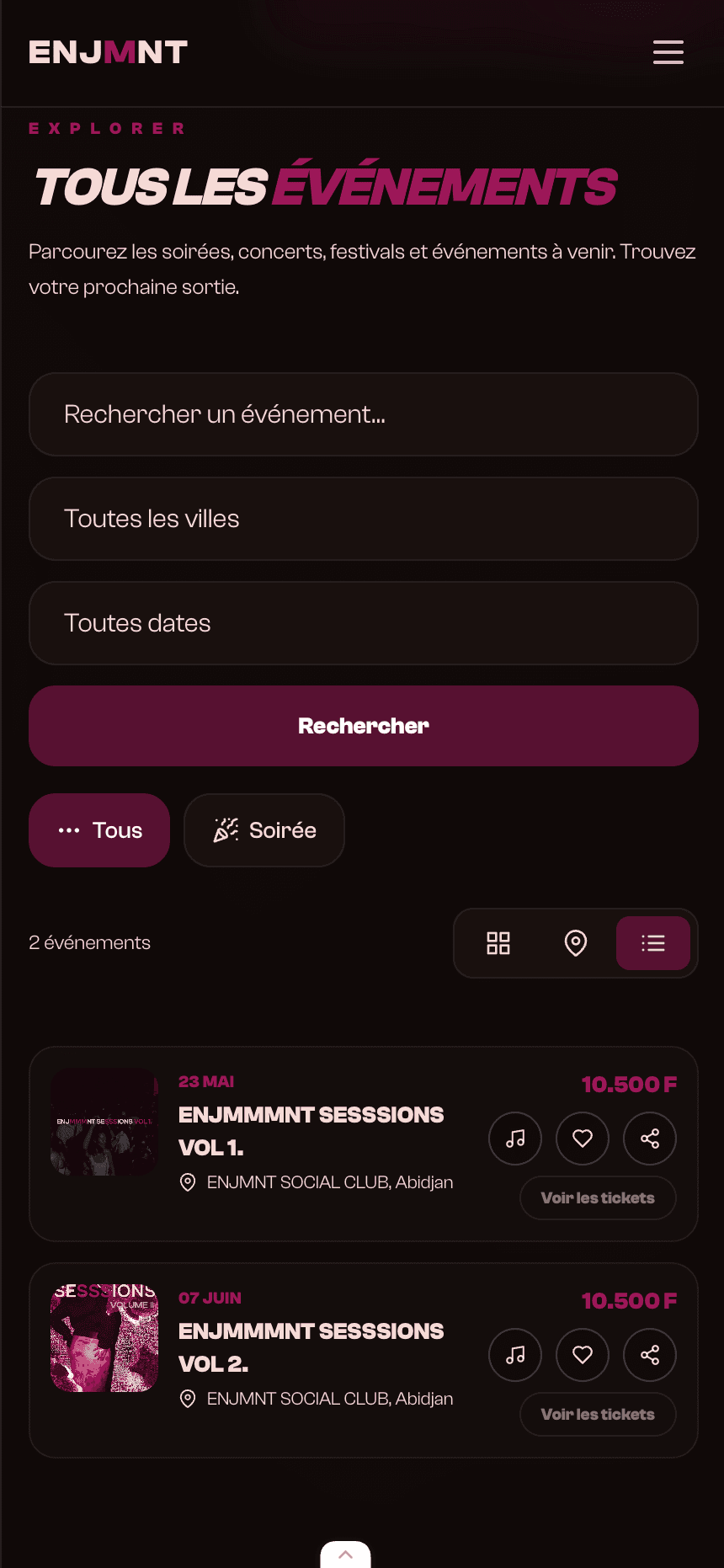 Capture d’écran ENJMNT de la découverte des événements sur mobile.